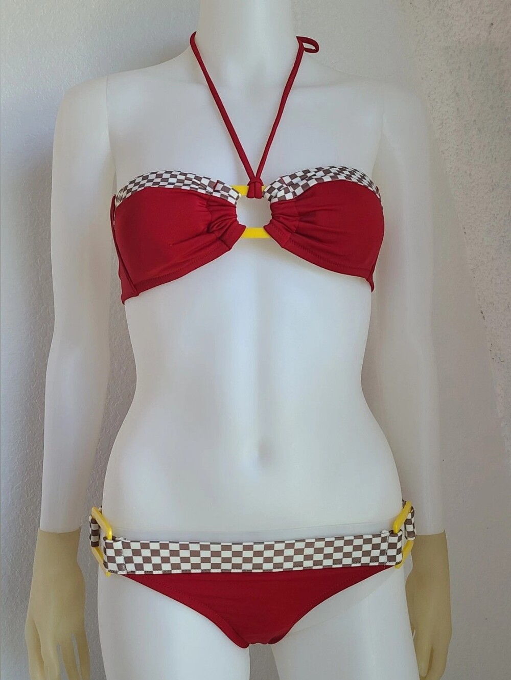 Red Bandeau Bikini with Checker Trim and Yellow Accents